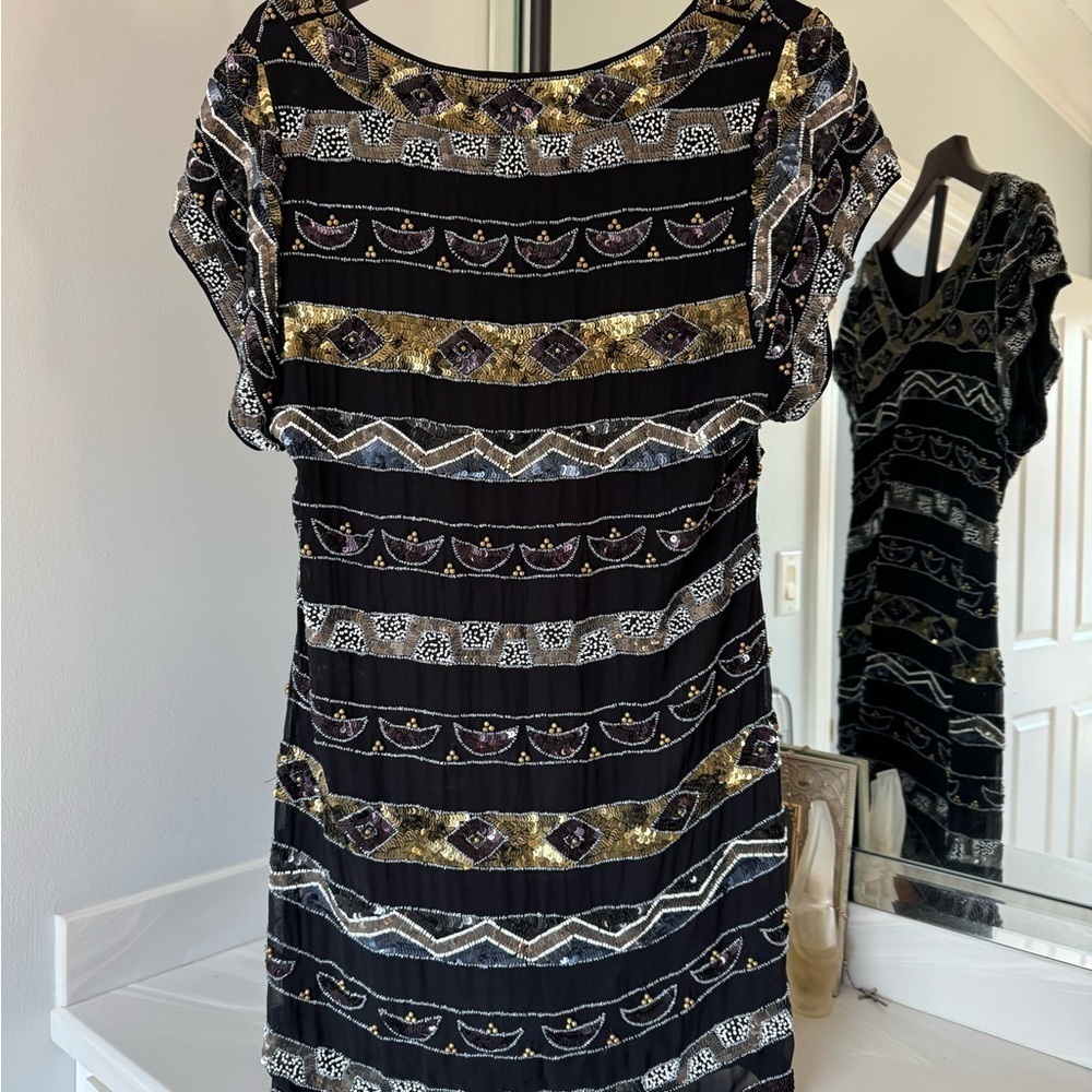 French Connection Black and Gold Sheath Mini Dress with Bateau Neckline